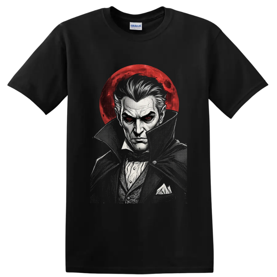 Dracula gothic vampire portrait with red moon in vintage ink style on a Black T Shirt