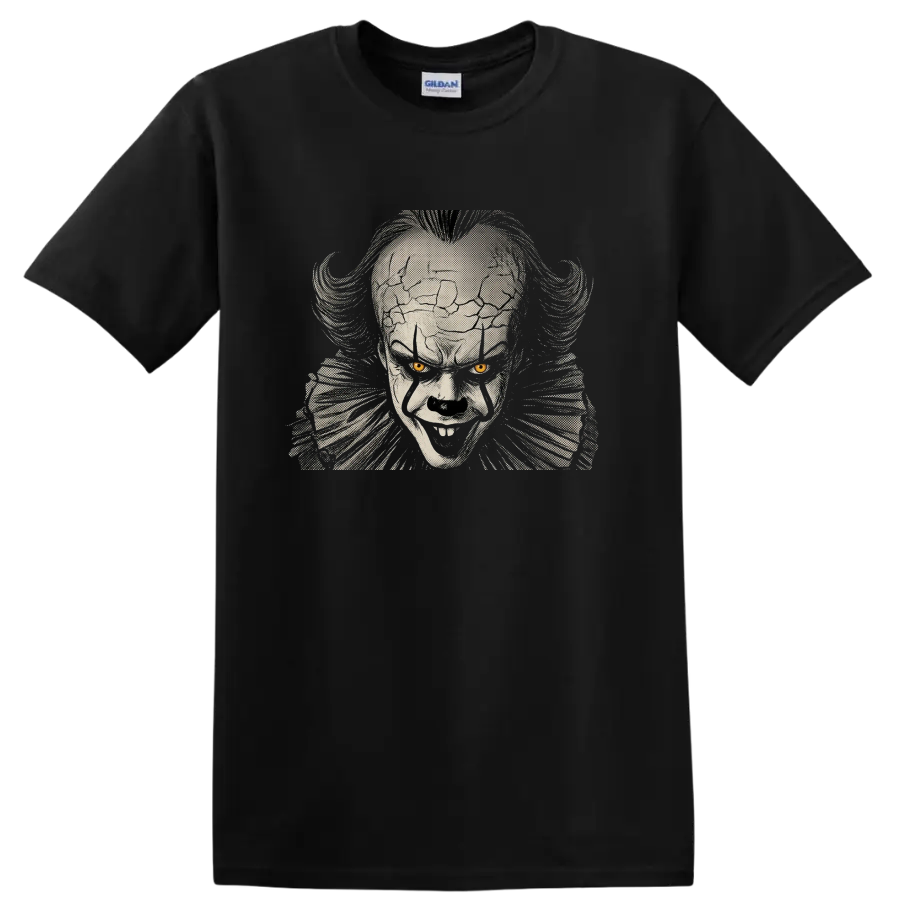 Pennywise from It creepy clown halftone portrait with yellow eyes on a Black T Shirt