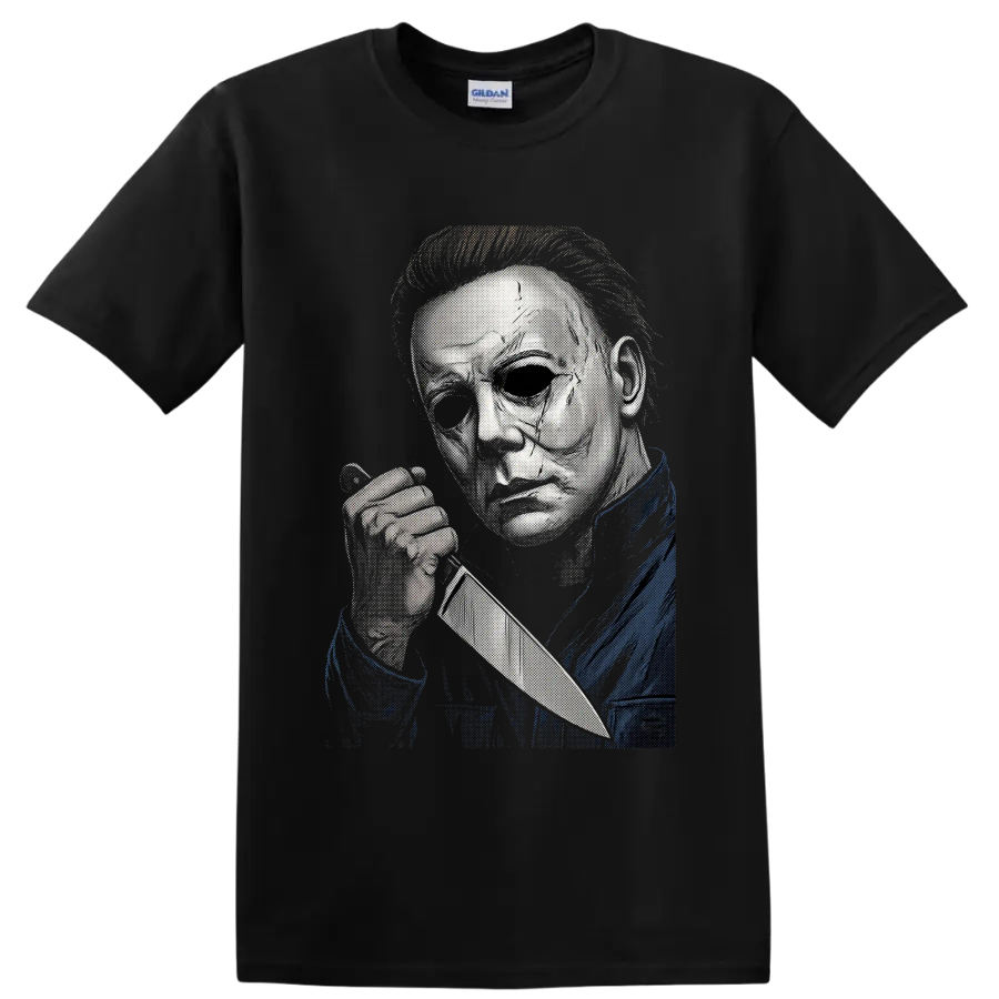 Michael Myers masked knife slasher portrait in halftone horror art on a Black T Shirt