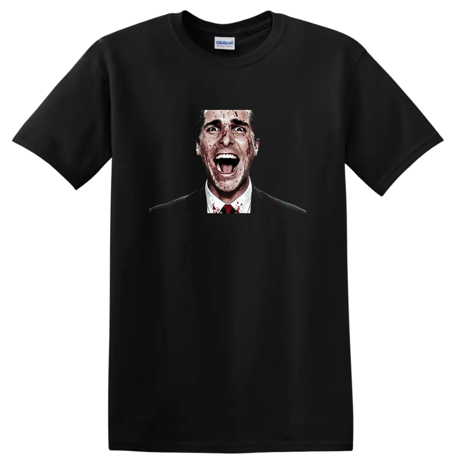 Patrick Bateman American Psycho blood-splatter halftone horror portrait on a Black T Shirt
