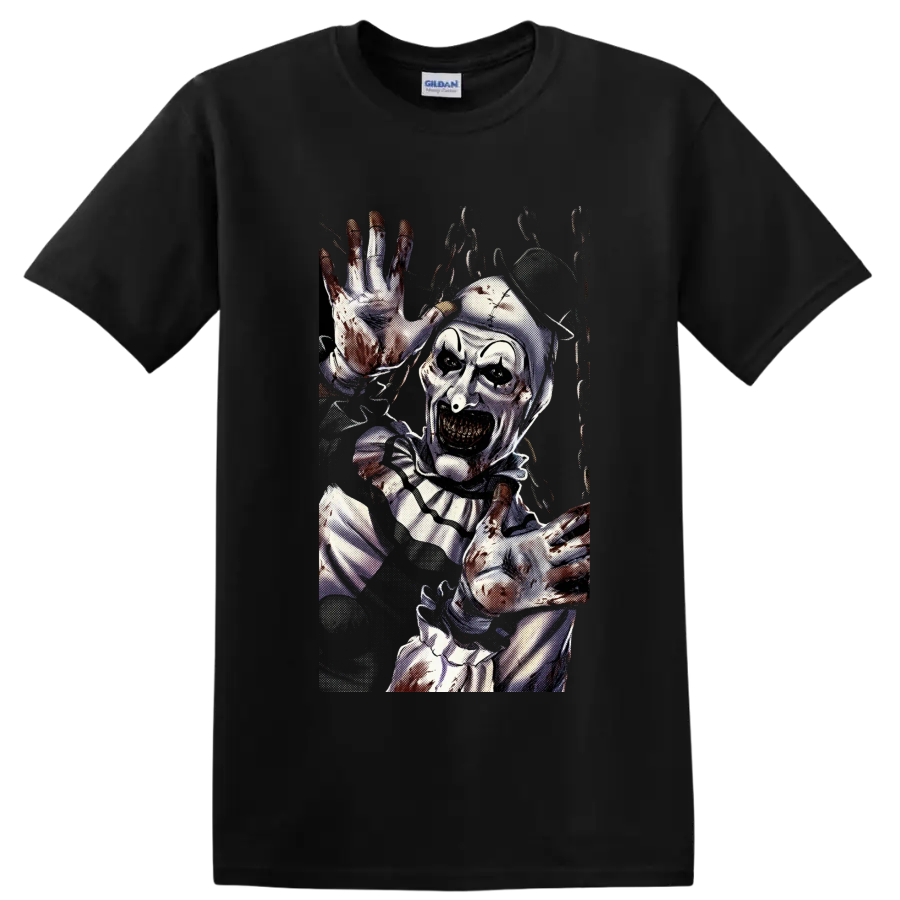 Art the Clown from Terrifier in a gritty bloody horror graphic on a Black T Shirt