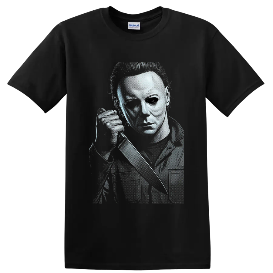 Michael Myers Halloween halftone slasher portrait with knife on a Black T Shirt