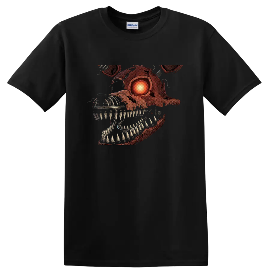 Nightmare Foxy horror animatronic graphic with glowing eye and sharp teeth on a Black T Shirt