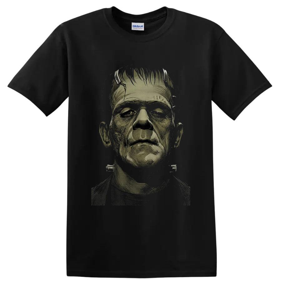 Frankenstein's Monster vintage horror portrait graphic on a Black T Shirt