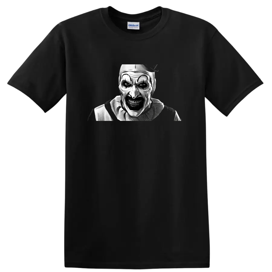 Art the Clown from Terrifier in black and white halftone horror art on a Black T Shirt