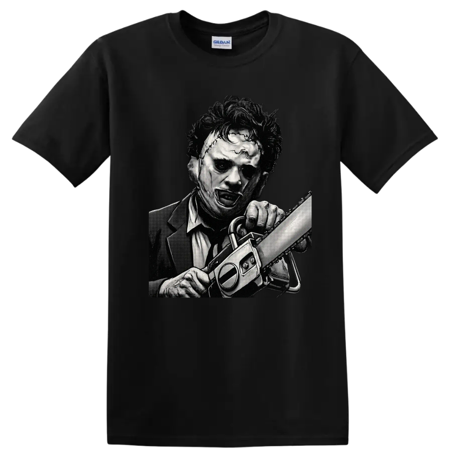 Leatherface wielding a chainsaw in black-and-white halftone horror art on a Black T Shirt