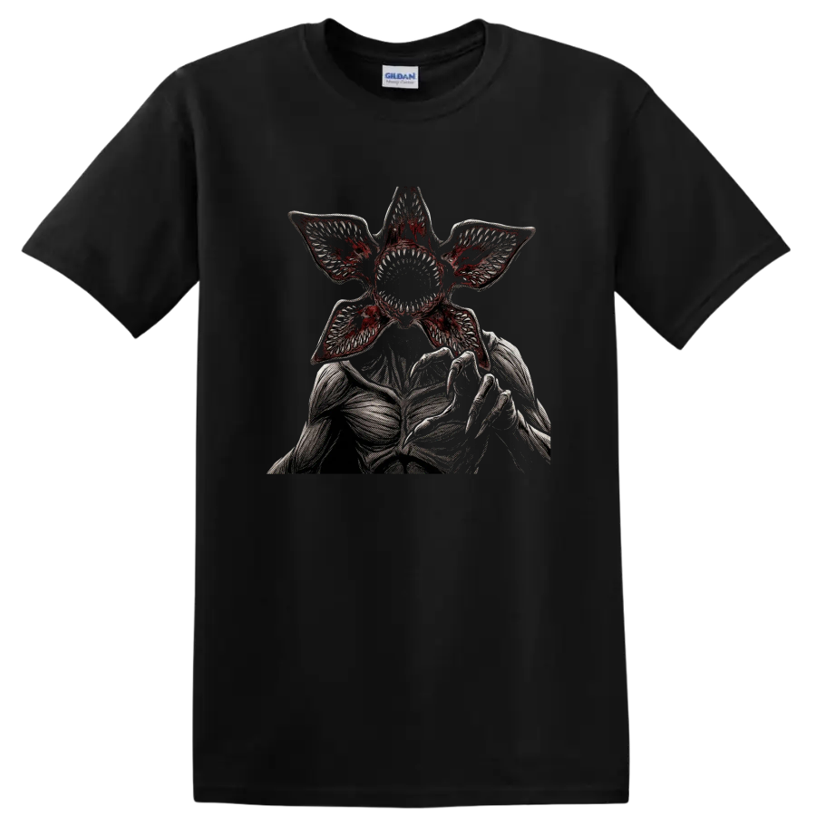 Demogorgon gothic horror graphic with flower-like mouth and reaching claws on a Black T Shirt