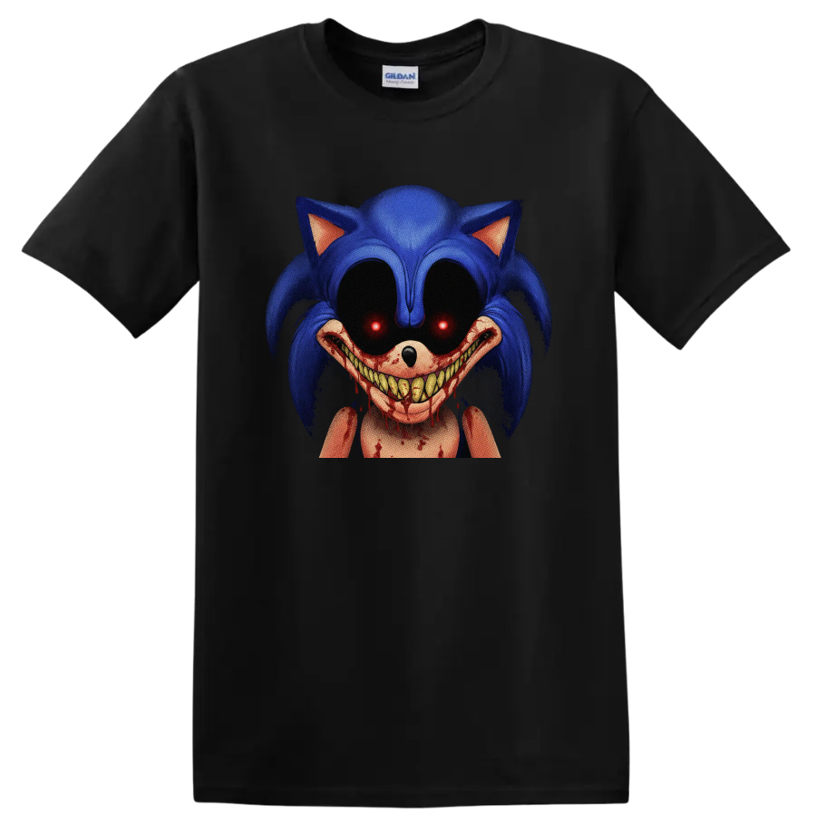 Sonic.EXE horror character with glowing red eyes and bloody toothy grin on a Black T Shirt