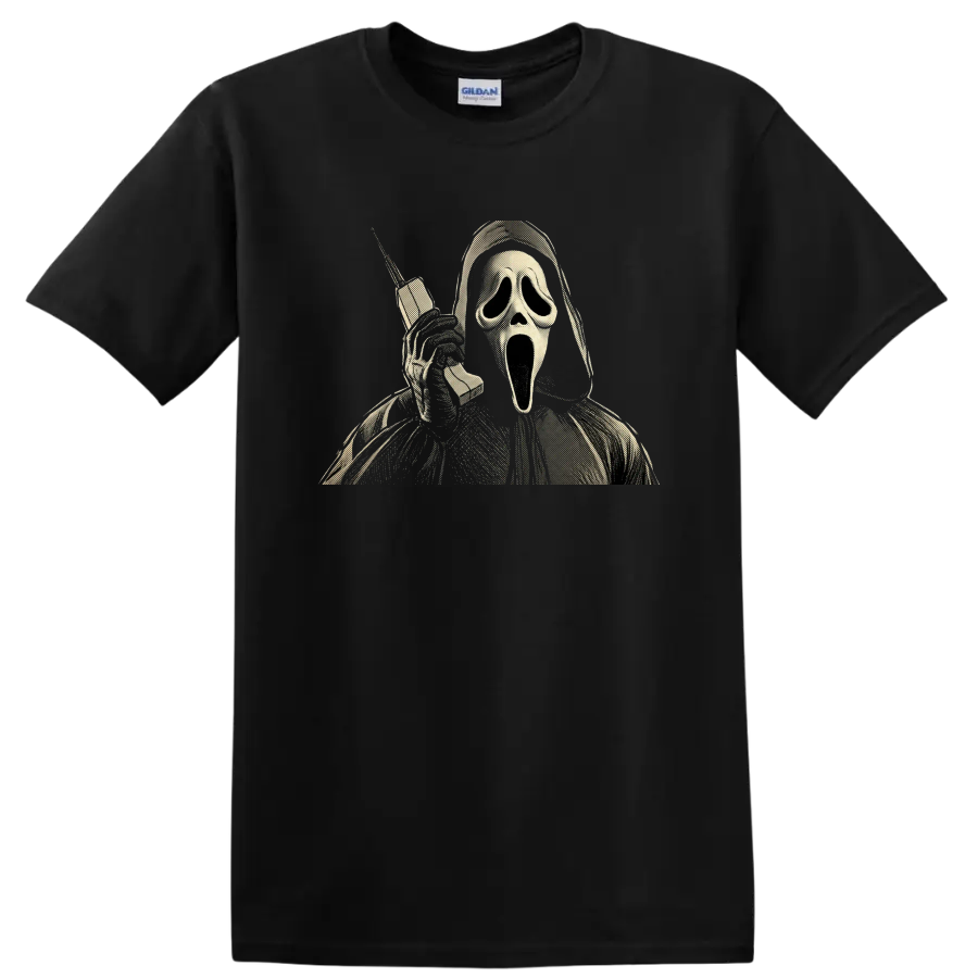 Vintage Ghostface Scream horror graphic holding a telephone on a Black T Shirt