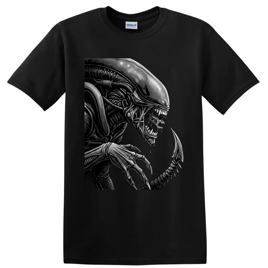 Monochrome Xenomorph Alien biomechanical horror creature graphic on a Black T Shirt