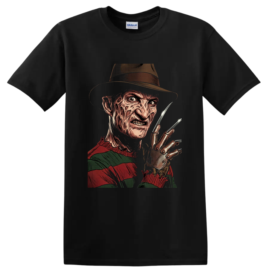 Freddy Krueger vintage comic horror portrait with bladed glove on a Black T Shirt