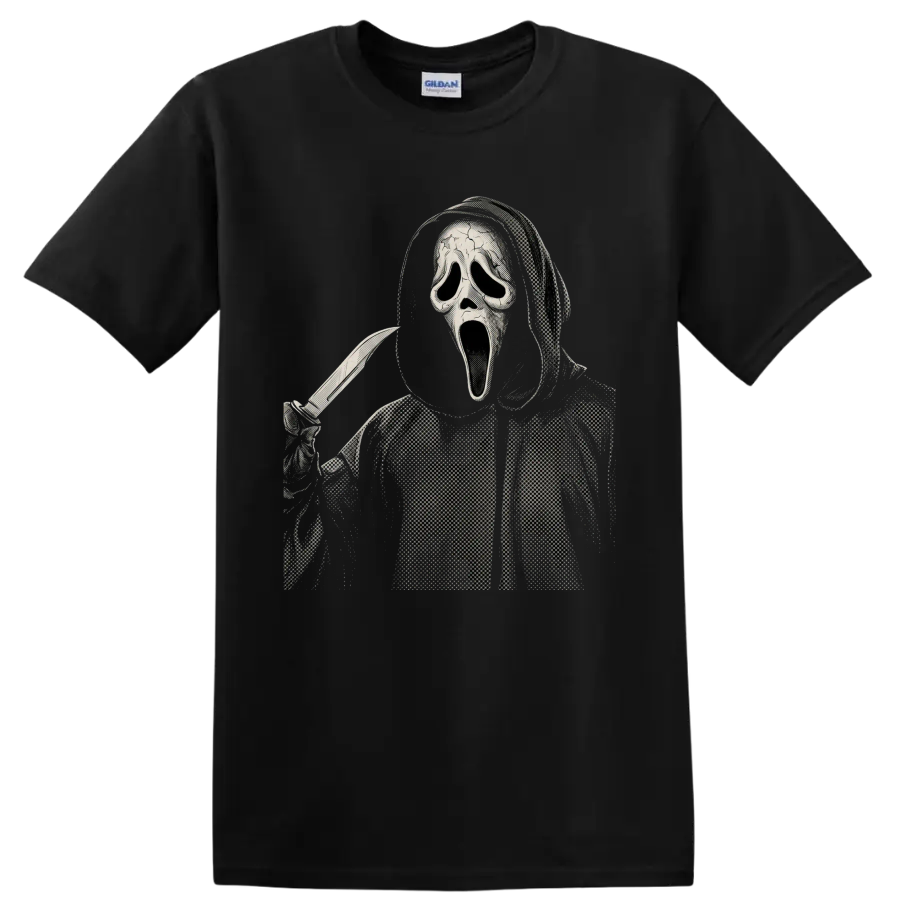 Ghostface holding a knife in a distressed halftone horror graphic on a Black T Shirt