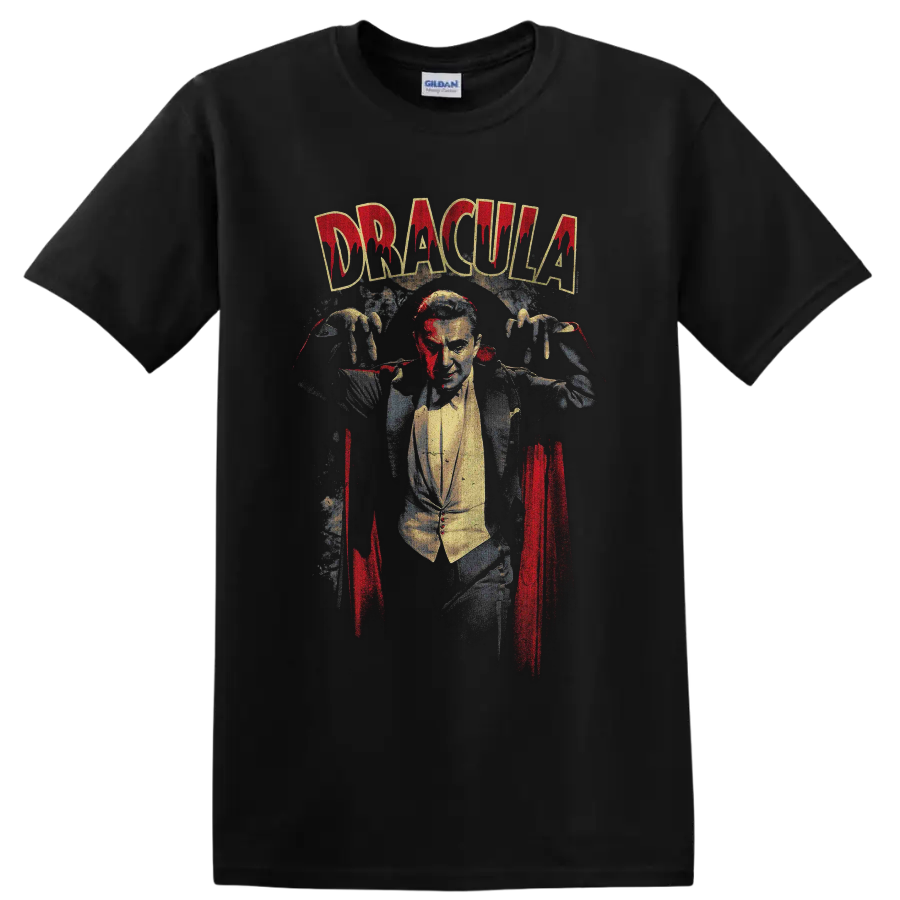 Bela Lugosi as Count Dracula vintage horror graphic with Dracula text on a Black T Shirt