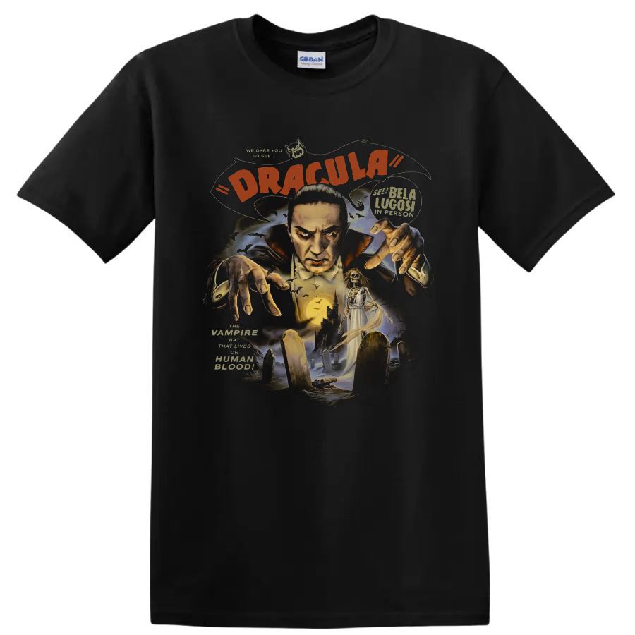 Bela Lugosi as Count Dracula vintage gothic graveyard horror graphic on a Black T Shirt