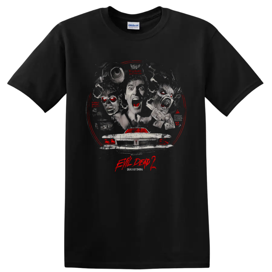 Evil Dead II horror collage with possessed faces and haunted car on a Black T Shirt