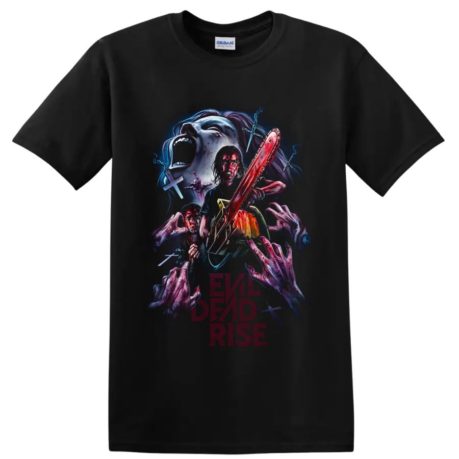 Evil Dead Rise horror chainsaw graphic with undead hands and demon imagery on a Black T Shirt
