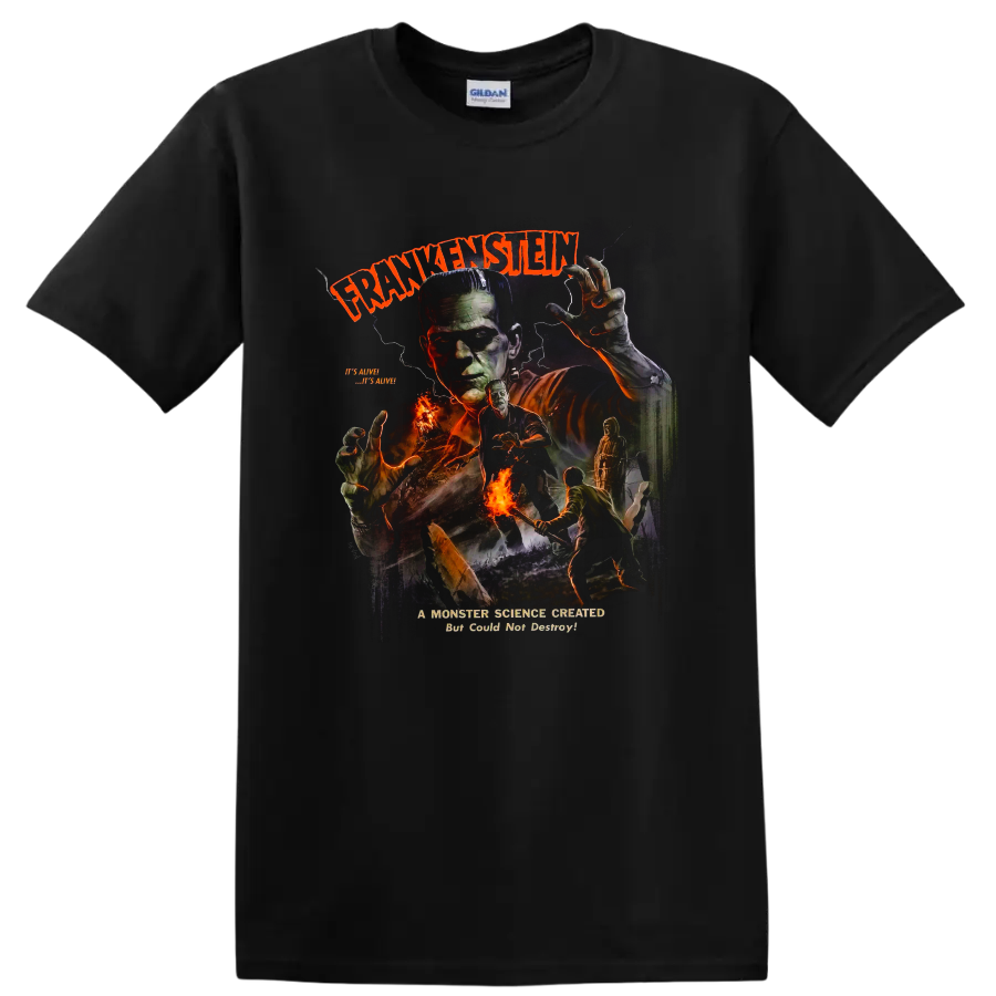 Boris Karloff Frankenstein's Monster vintage horror graphic with Frankenstein text on a Black T Shirt