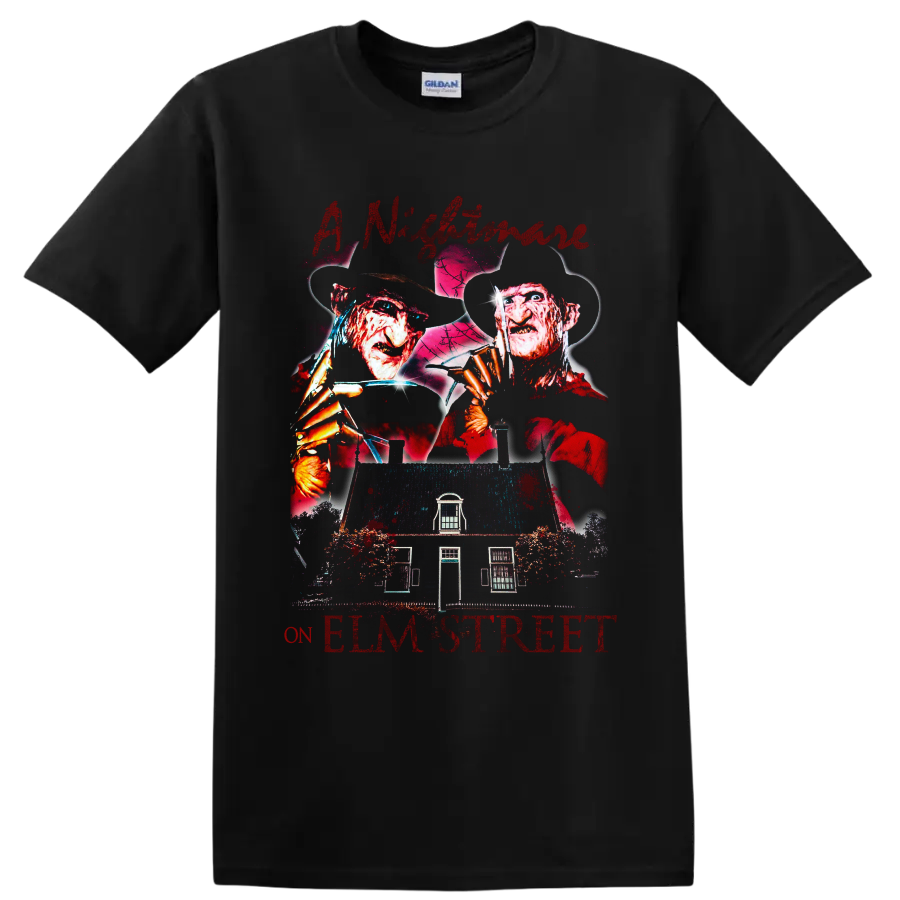 Freddy Krueger A Nightmare on Elm Street horror graphic with haunted house on a Black T Shirt