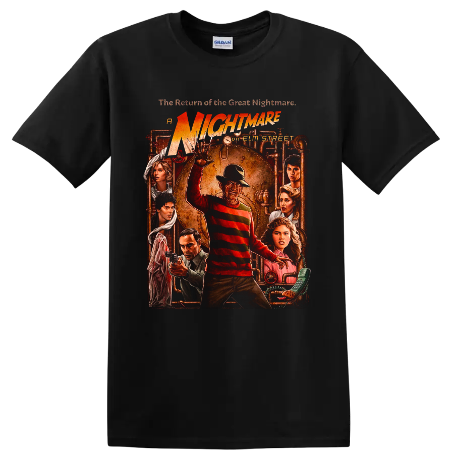 Freddy Krueger vintage horror poster graphic with A Nightmare on Elm Street text on a Black T Shirt