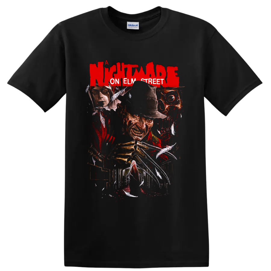 Freddy Krueger horror graphic with bladed glove and Nightmare on Elm Street text on a Black T Shirt