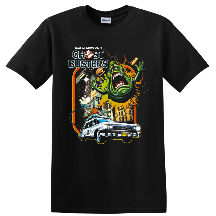 Slimer and Ecto-1 Ghostbusters retro horror graphic on a Black T Shirt