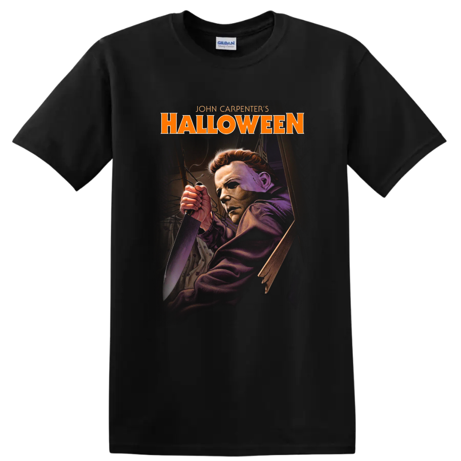Michael Myers masked with knife, John Carpenter's Halloween graphic on a Black T Shirt