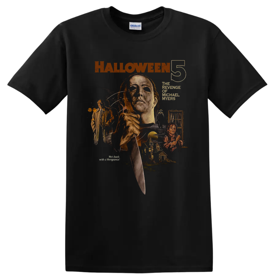 Michael Myers Halloween 5 vintage horror collage with knife and movie lettering on a Black T Shirt