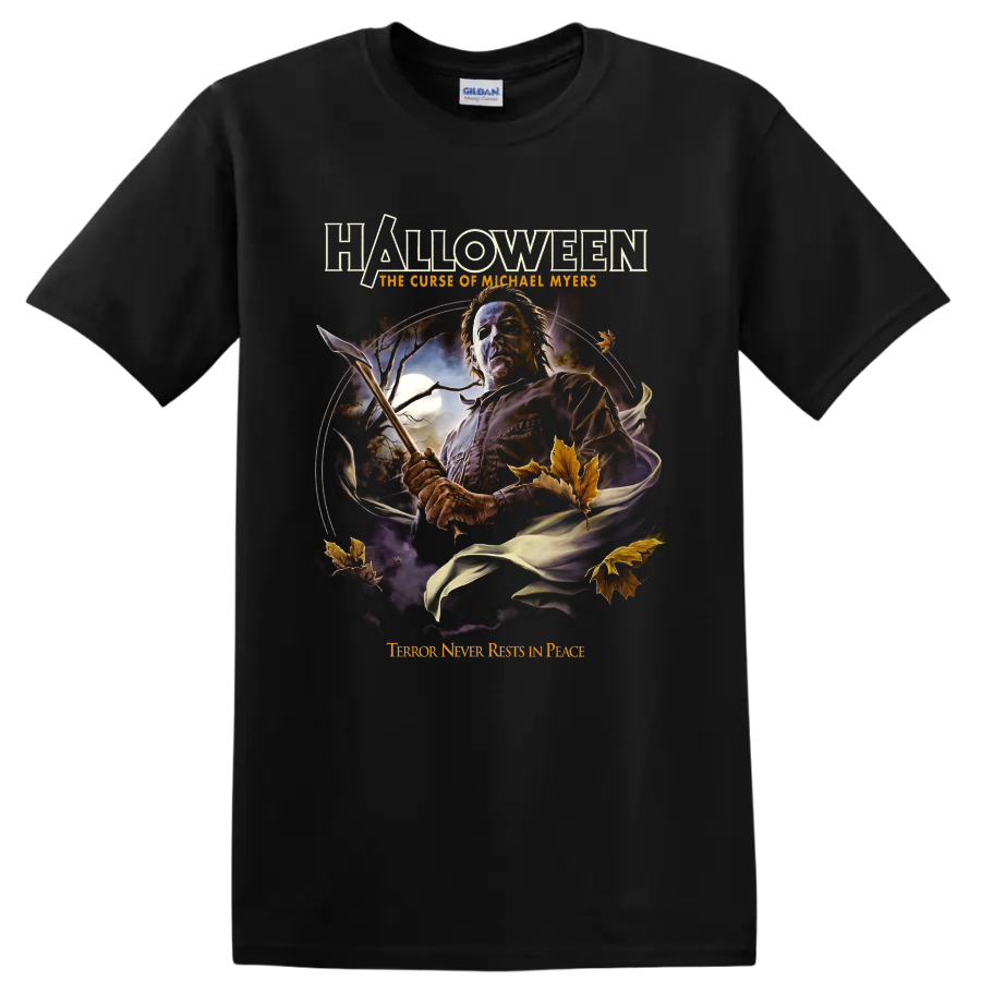 Michael Myers moonlit horror graphic with Halloween: The Curse of Michael Myers text on a Black T Shirt