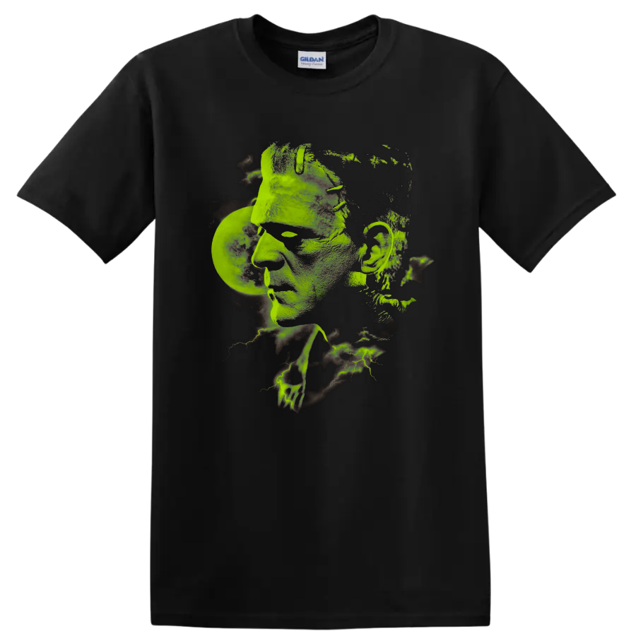 Boris Karloff as Frankenstein's Monster in distressed green gothic artwork on a Black T Shirt