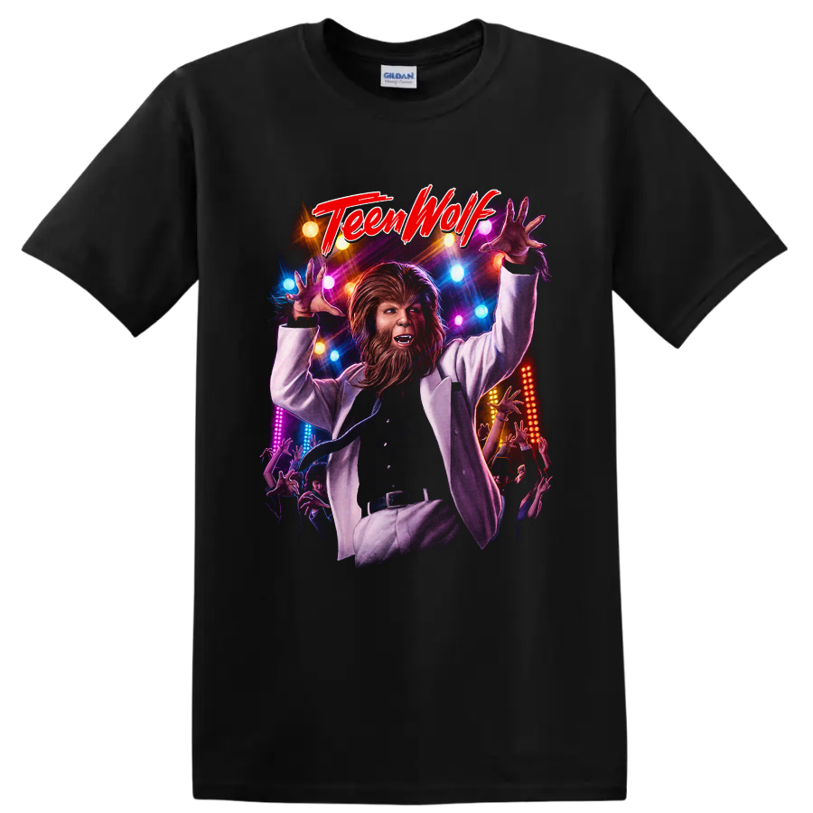 Michael J. Fox as the Teen Wolf werewolf in a colorful dance scene on a Black T Shirt