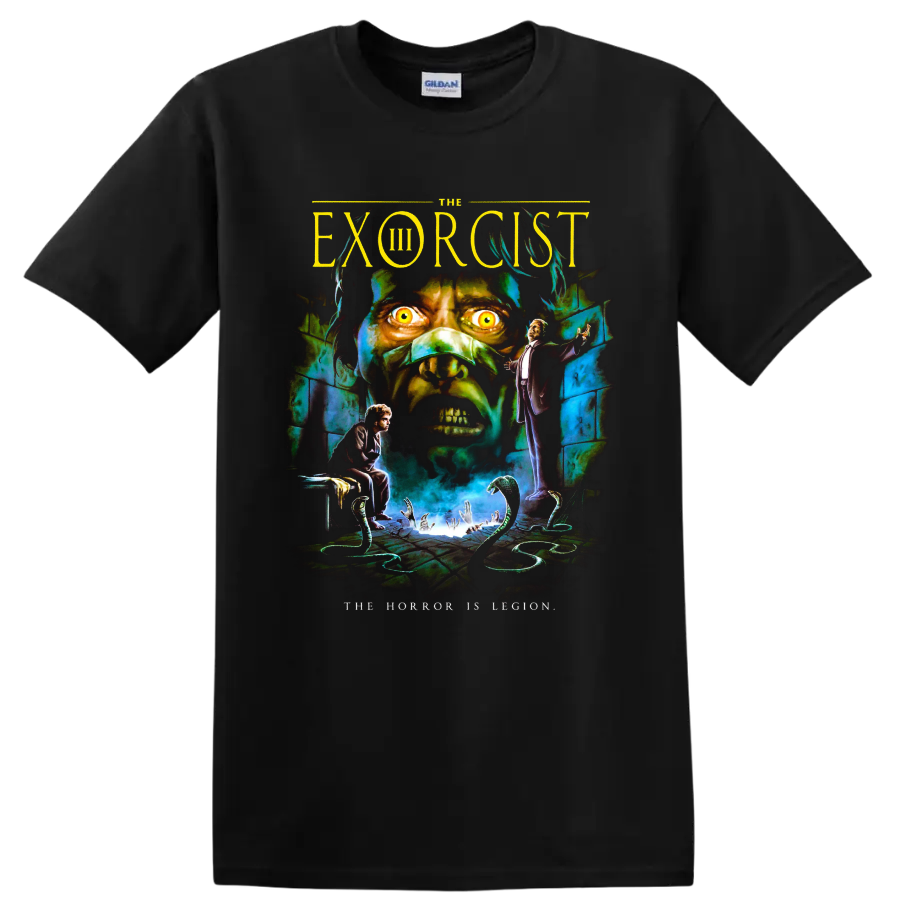 The Exorcist III gothic horror poster art with a glowing-eyed demon face on a Black T Shirt