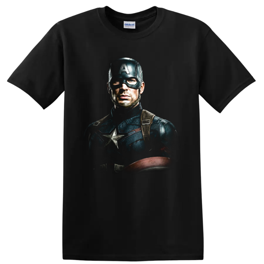 Captain America Chris Evans cinematic superhero portrait with shield on a Black T Shirt