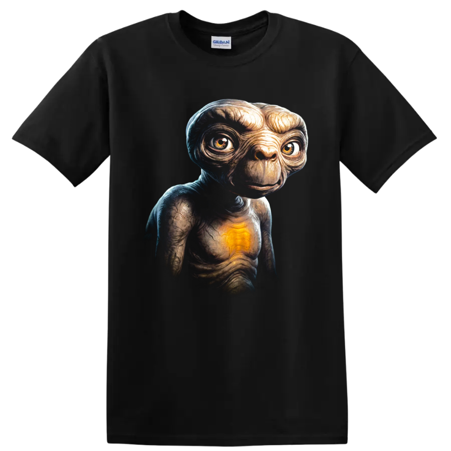 E.T. glowing heart alien portrait graphic print on a Black T Shirt
