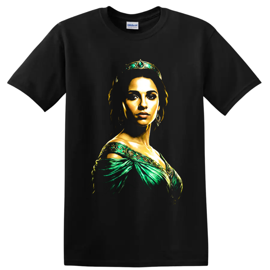 Princess Jasmine portrait from Aladdin in emerald and gold fantasy art on a Black T Shirt