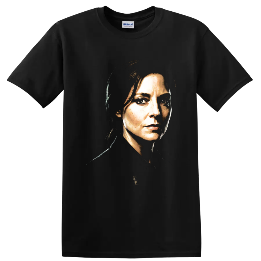 Carol portrait from Pluribus in dramatic painterly character art on a Black T Shirt