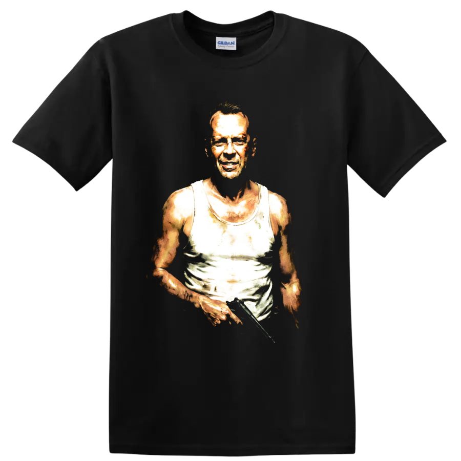 John McClane from Die Hard in a gritty high-contrast portrait on a Black T Shirt