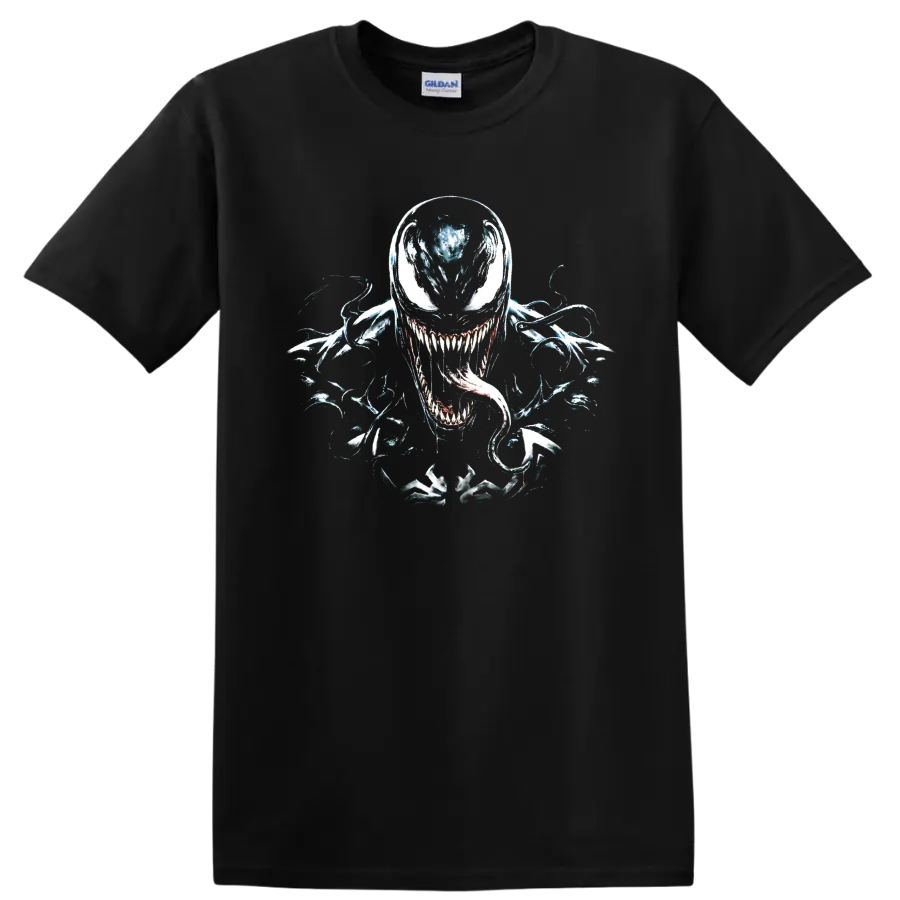 Venom symbiote monster graphic with sharp teeth and curling tongue on a Black T Shirt