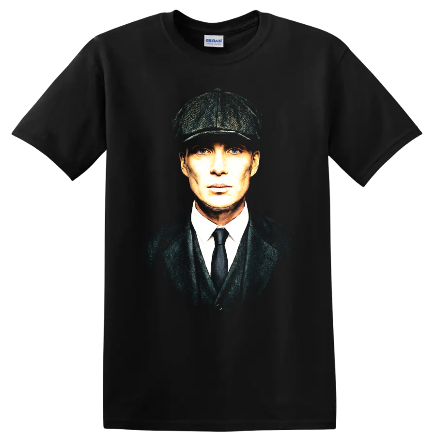 Thomas Shelby portrait in flat cap and suit, vintage graphic print on a Black T Shirt