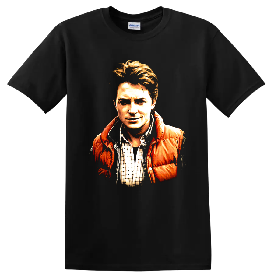 Marty McFly Back to the Future vintage painted portrait graphic on a Black T Shirt