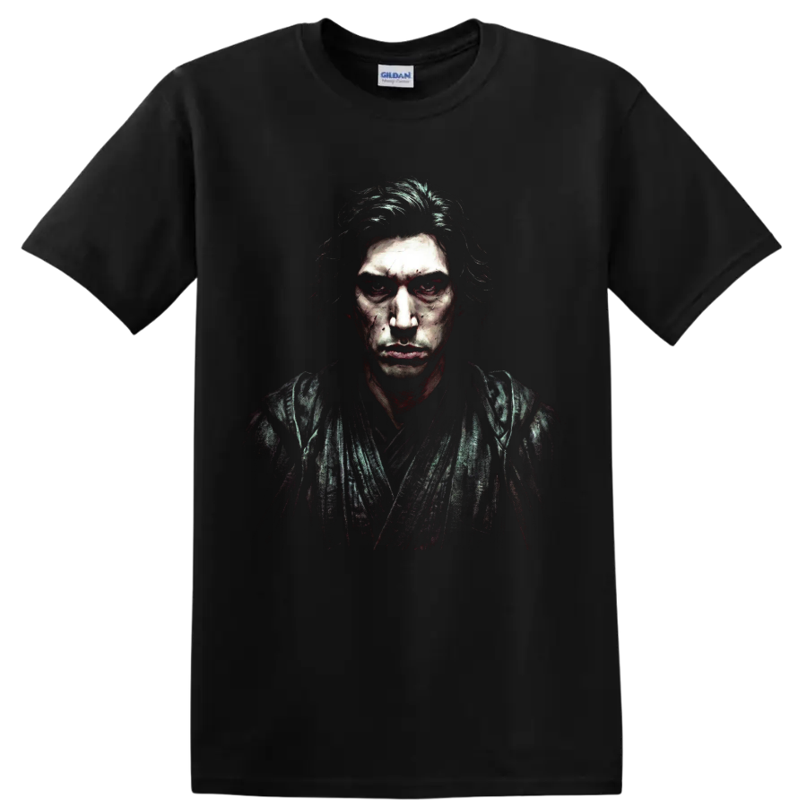 Kylo Ren Adam Driver dark distressed portrait graphic on a Black T Shirt