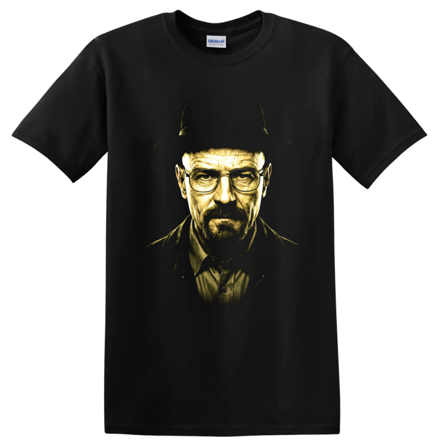 Walter White Breaking Bad portrait graphic with hat and glasses on a Black T Shirt