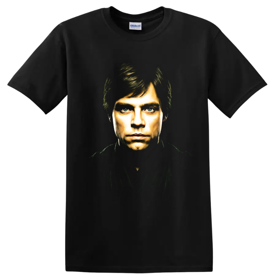 Luke Skywalker portrait graphic print from Star Wars on a Black T Shirt