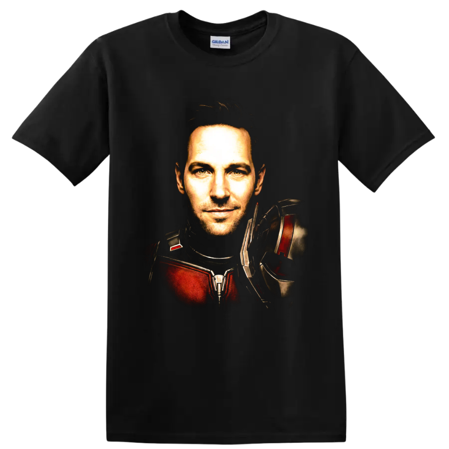 Scott Lang Ant-Man portrait in red and black armored suit on a Black T Shirt