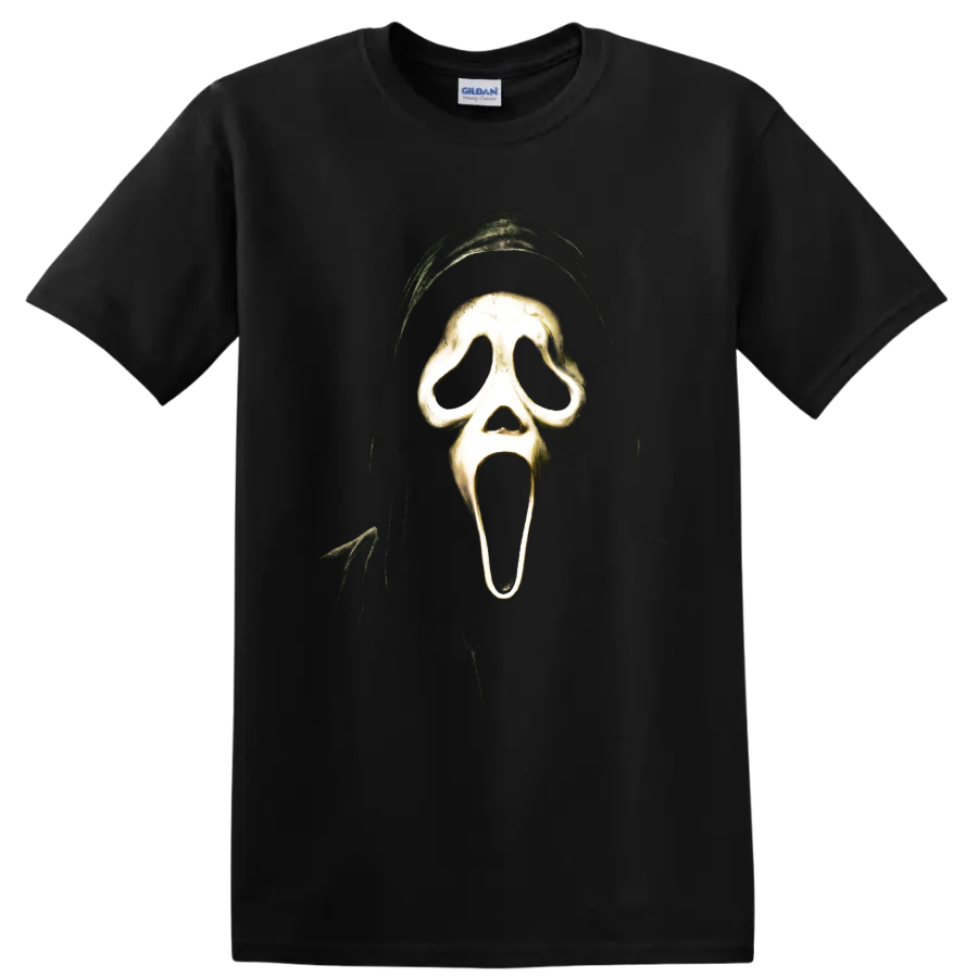 Ghostface hooded screaming mask horror graphic from Scream on a Black T Shirt