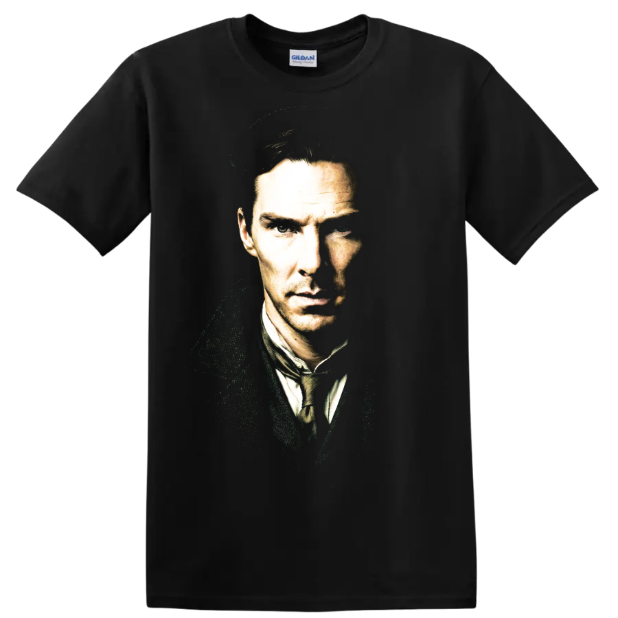 Benedict Cumberbatch as Sherlock in a dramatic high-contrast portrait on a Black T Shirt