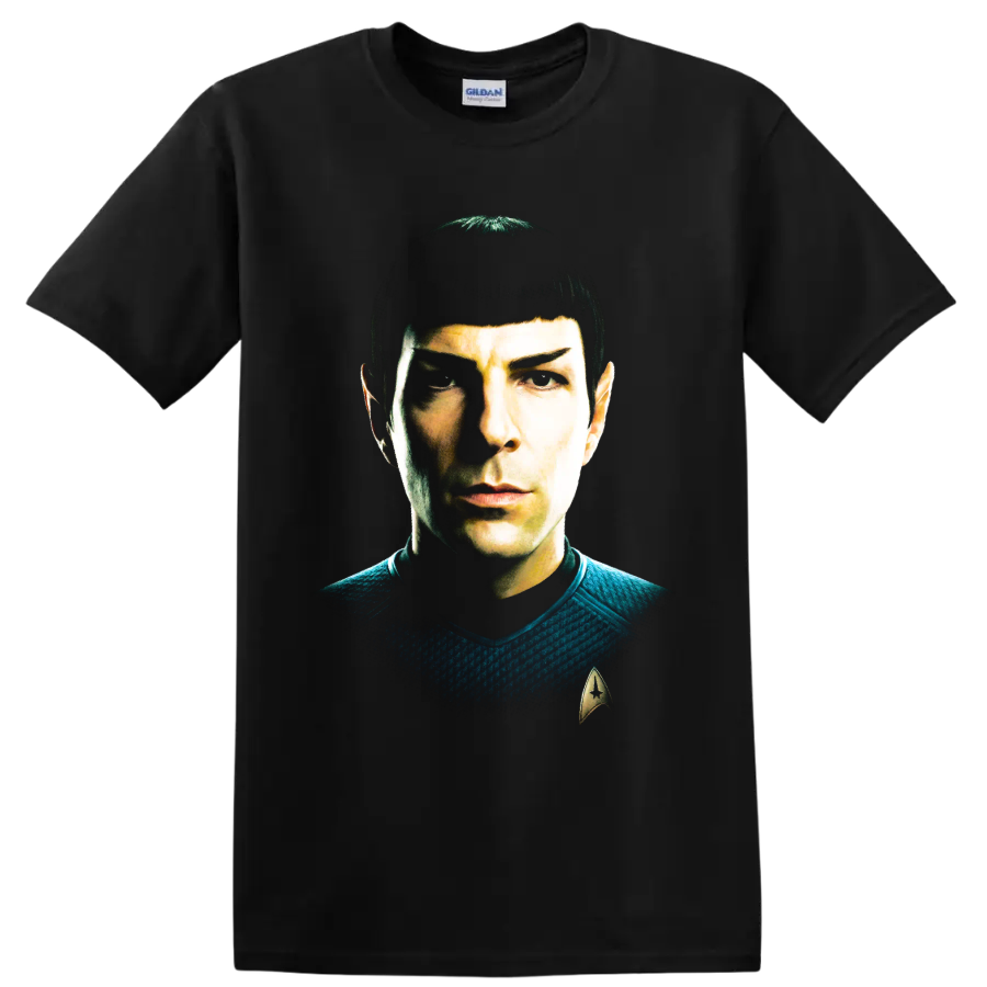 Spock Star Trek portrait graphic with pointed ears and Starfleet insignia on a Black T Shirt
