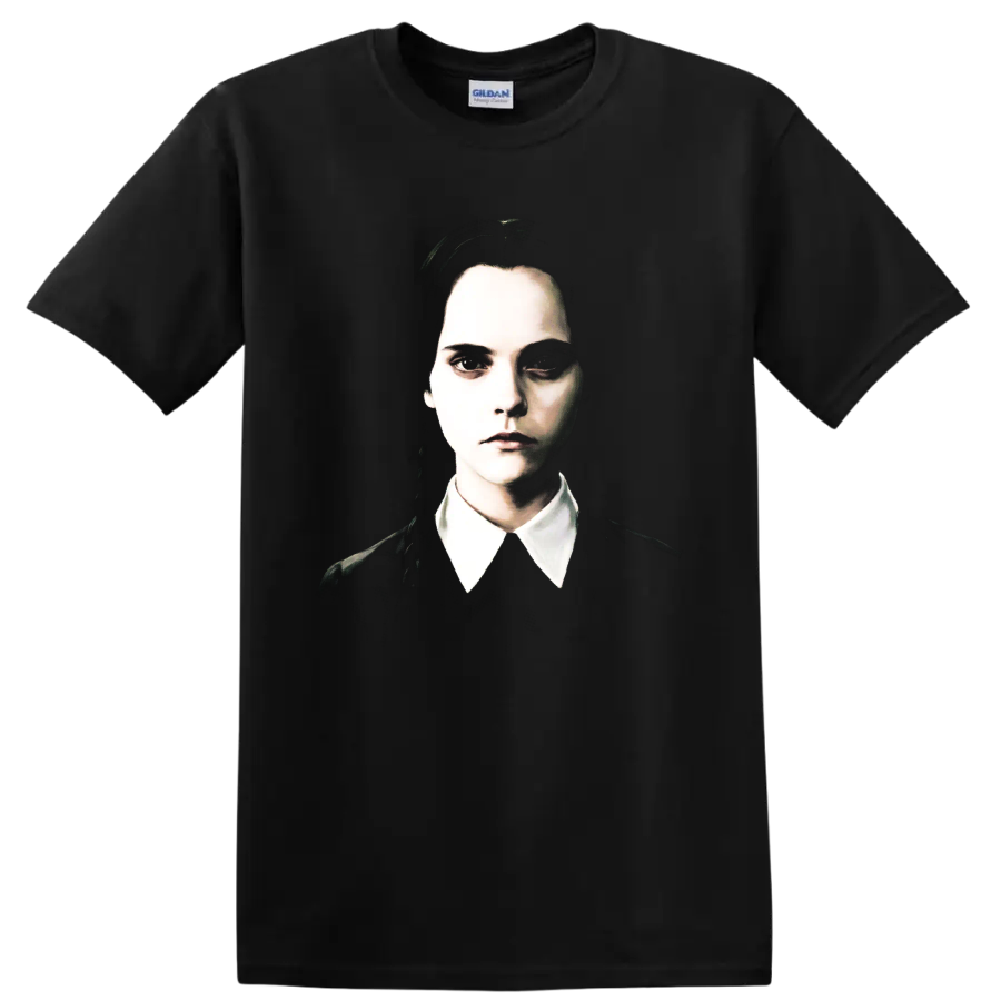 Wednesday Addams gothic portrait with white collar on a Black T Shirt
