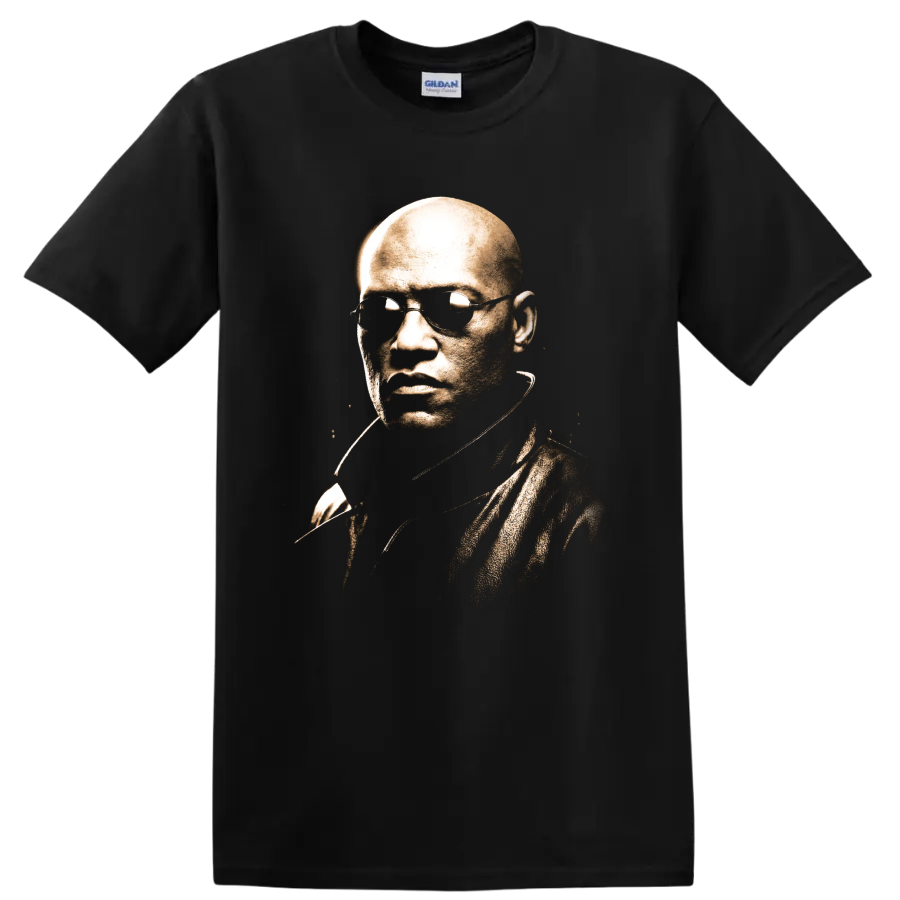 Morpheus from The Matrix sepia portrait with sunglasses on a Black T Shirt