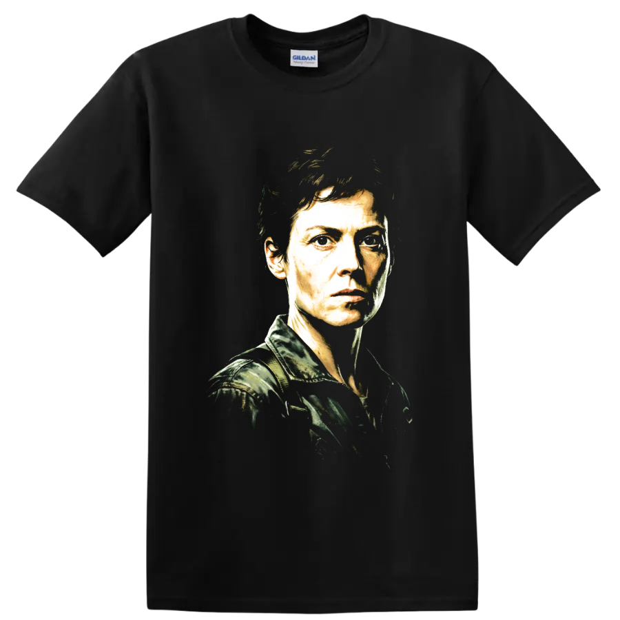 Ellen Ripley Alien portrait in a gritty high-contrast graphic style on a Black T Shirt