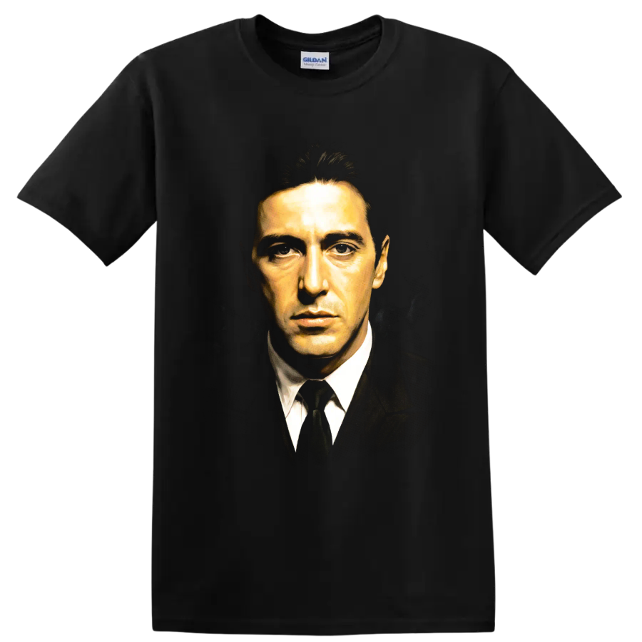 Michael Corleone portrait in dark suit, painterly cinematic graphic print on a Black T Shirt